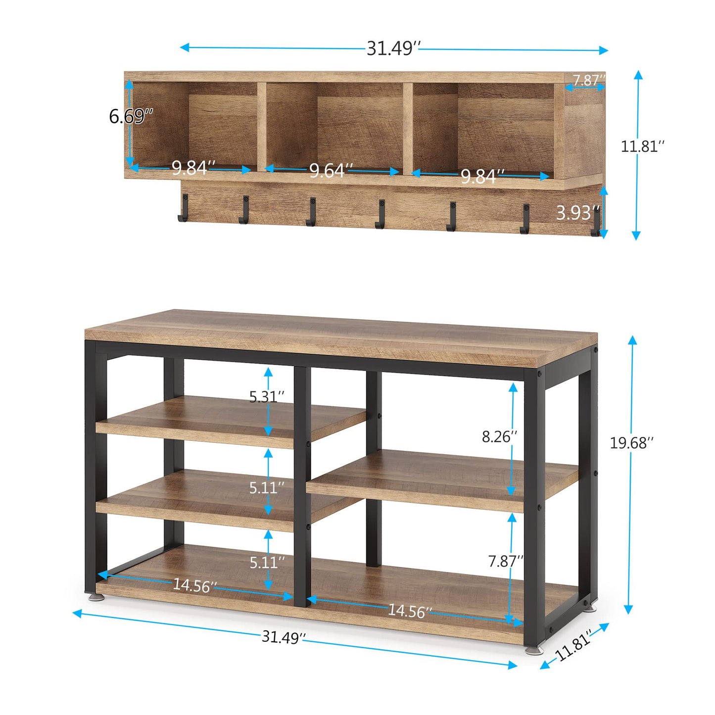 Tribesigns Coat Rack Set, Hall Tree, Industrial Shoe Bench, 3 Storage Cubbies, 7 Hooks for Entryway, Hallway, 5-in-1Design, Vintage Oak