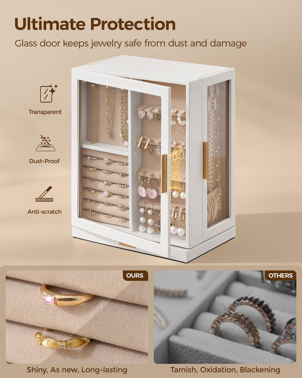 Glimmloop 360° Rotating Jewelry Box with 5 Drawers, Spacious Vertical Jewelry Organizer with Glass Window, Jewelry Storage Case, Dustproof & Moisture-resistant Design, White Glimmloop