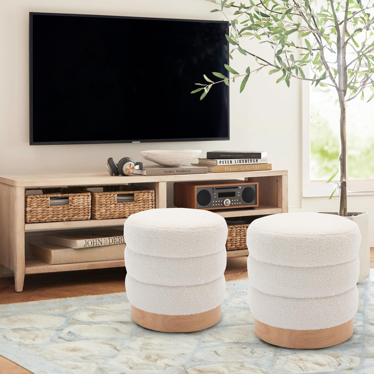 COLAMY Sherpa Ottoman Footstool, Tufted Modern Foot Rest Stool with Wood Base for Living Room, Bedroom, Desk, Round Versatile Side End Table, Pouf, Makeup Seat, Cream COLAMY