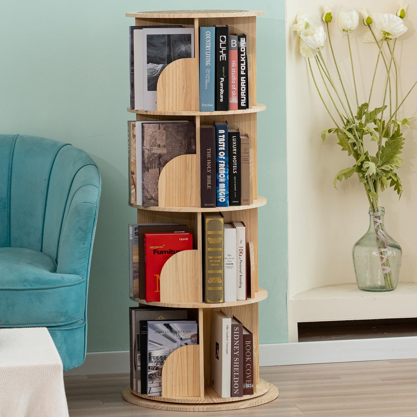 BUYWAY 360° Rotating Solid Wood Bookshelf Tower - Versatile 4-Tier Bookcase for Kids & Adults in Natural Finish - WoodArtSupply