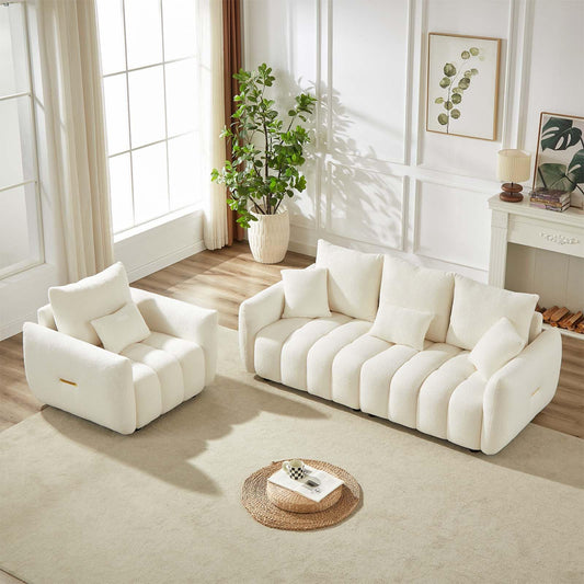 Antetek Teddy Sofa Set for Living Room, Modern Deep Seat Sofa Chair and Oversized 3-Seater Cloud Boucle Couch for Bedroom, Office, Apartment, Furniture Set, Beige (2 Piece)