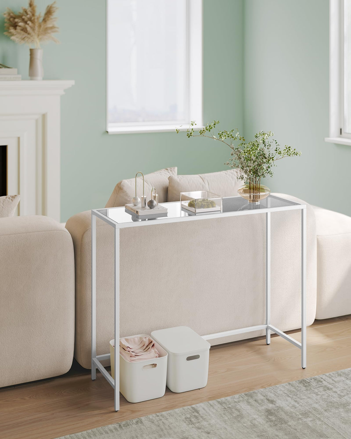 VASAGLE Entryway Table, Console Table, Tempered Glass Tabletop, Modern Sofa Table, Easy Assembly, with Adjustable Feet, for Living Room, Entryway, Pearl White and Slate Gray ULGT026W01 VASAGLE