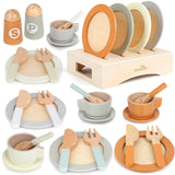 Wooden Play Dishes and Plates for Kids Kitchen Set, 27 PCS Wooden Play Kitchen Accessories, Kitchen Toy for Toddlers 2-4 Years Girls and Boys Dreamon