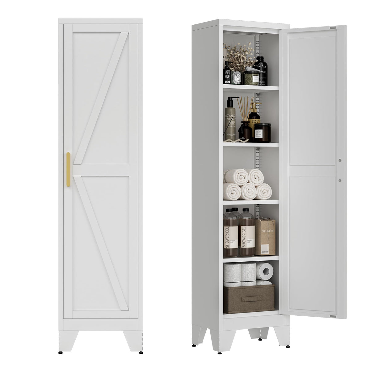 LCAOPC 67" Tall Narrow Bathroom Metal Storage Cabinet with 4 Adjustable Shelves, Freestanding 5 Tier Slim Pantry Storage Cabinet for Small Space, White LCAOPC