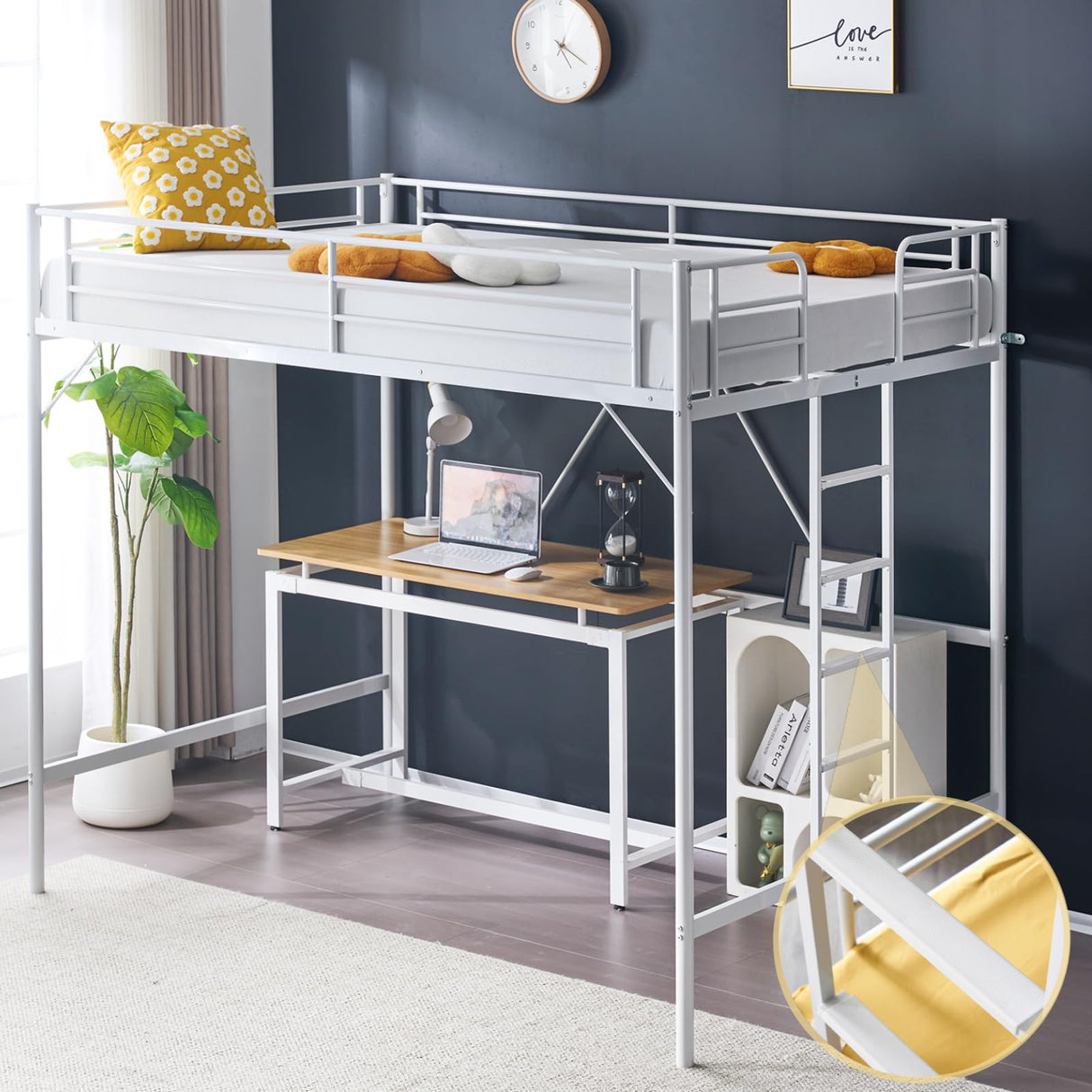 VINGLI Loft Bed Full Size with Flat Rungs for Adults, Kids and Young Teens, No Box Spring Required,Heavy Duty Metal Slat Support,White VINGLI