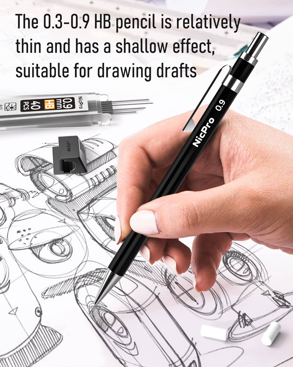 Nicpro Black Art Mechanical Pencil Set in Case, Metal Drafting Pencils 0.3, 0.5, 0.7, 0.9 & 2mm Graphite Holders (2H HB 2B 4B Colored Lead) for Sketching Drawing with 9 Lead Refills, 2 Erasers Nicpro