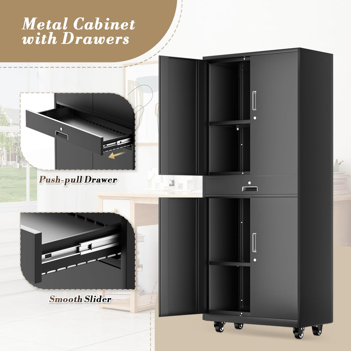 Athena Collection 4 Tier Storage Cabinet with Wheels, Large Capacity 73" Garage Metal Storage Cabinet with Drawer and Adjustable Shelves, Lockable Utility Tall Cabinet for Home Office, Black Athena Collection