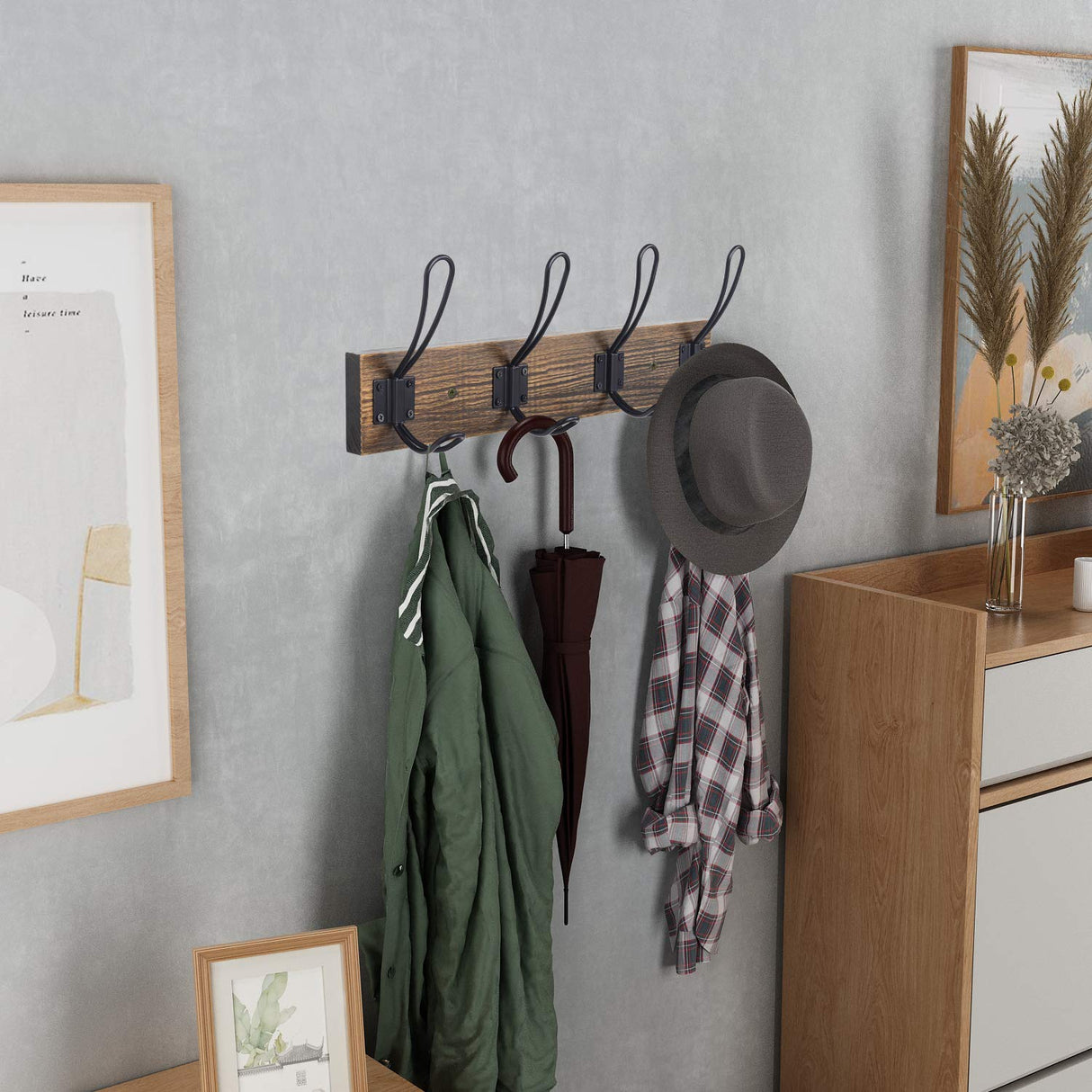 Homagic Solid Pine Wood Towel Rack Rustic Coat Rack Wall Mounted Coat Hook with 4 Farmhouse Hooks Rustic Towel Racks for Bathroom Entryway Kitchen Towel Coat Hat Purse Robes (Brown) Homagic