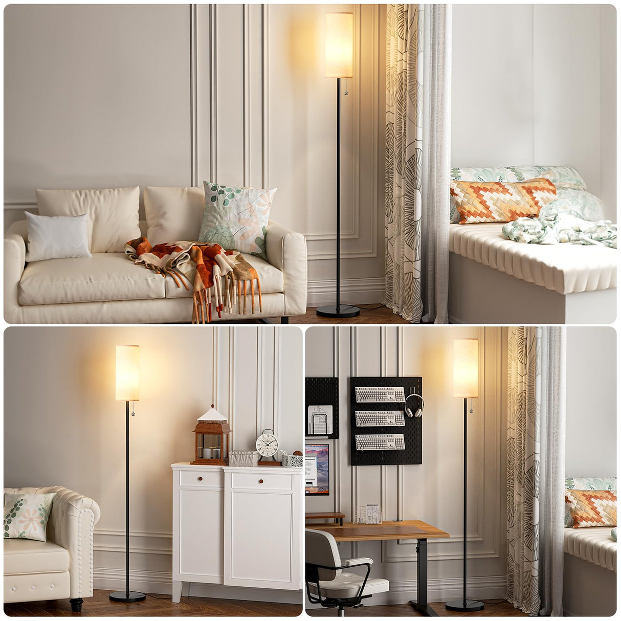 Ambimall 64'' Floor Lamp for Living Room with Bulb - Tall Lamps with Beige Lampshade & Pull Chain Switch, Pole Lamps for Bedrooms Tall, Minimalist Floor Lamp Ambimall