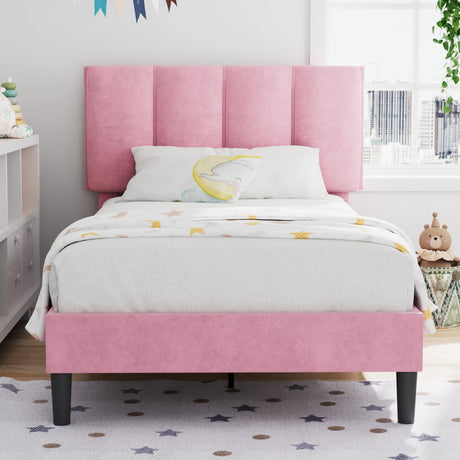 VECELO Twin Bed Frame with Upholstered Headboard, Heavy-Duty Platform Bedframe with Strong Wooden Slats Support, No Boxing Spring Needed, Pink VECELO
