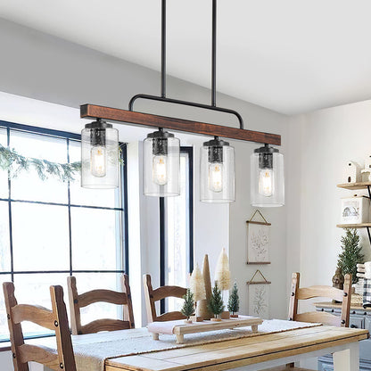 Farmhouse Dining Room Light Fixture, 4-Light Wood Kitchen Island Lighting, Industrial Chandeliers for Dining Room Over Table Black Pendant Light with Seeded Glass Shade for Bar Restaurant - WoodArtSupply