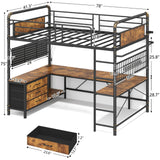 CSZZD Twin Loft Bed with U-Shaped Desk, Metal Loft Bed with LED Lights, Charging Station, Industrial Heavy Duty Bunk Loft Bed Frame with Desk and 3 Storage Drawers, 3 Pegboards, Safety Guard & Ladder CSZZD