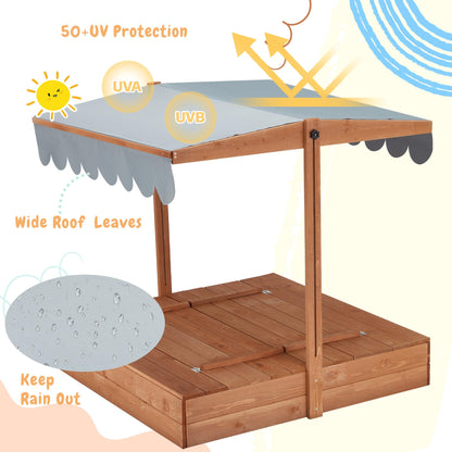 YOLENY Sandbox, Kids Sandbox with Lid, Sand Box for Kids Ages 3-8, Wooden Outdoor Sandbox with Cover and Height Adjustable Roof, Sand Protection Liner, for Backyard, Beach, Lawn, Orange