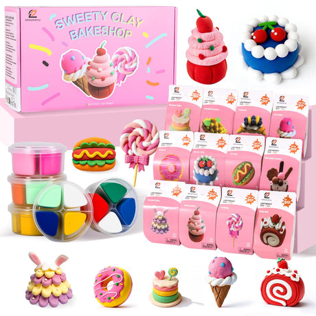Adinomiency Air Dry Clay for Kids | 12 Pack DIY Modeling Clay Kit with 4 Colors Per Set & 12 Pastry Sculpting Guides | Non-Toxic, Easy to Use Arts and Crafts Gift for Boys & Girls Ages 3+ Adinomiency