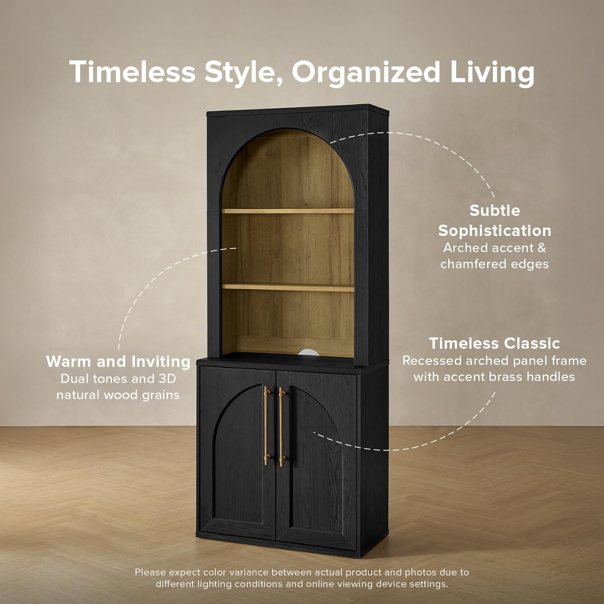 mopio Blake Storage Cabinet with Hutch, Sideboard Buffet Cabinet with Storage, Kitchen Pantry Organizer, Coffee Bar Station, Trophy Display Case with Door & Shelf for Living Room (Black Oak Arched) mopio