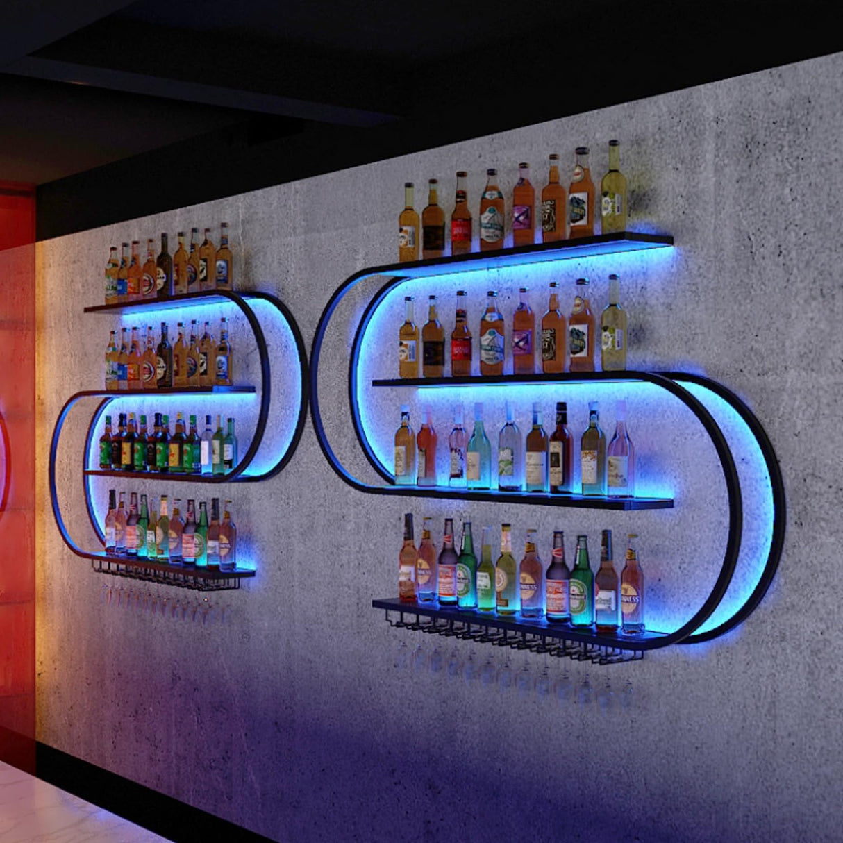 amhricho 59 Wall Mounted Wine Rack, Half Round Multi Tier Wine Rack with Wine Glass Hooks, Iron Wine Bottle Display Rack for Kitchen, Bar, Cafe(Bulbs Not Included) (Black, 59INCH) amhricho