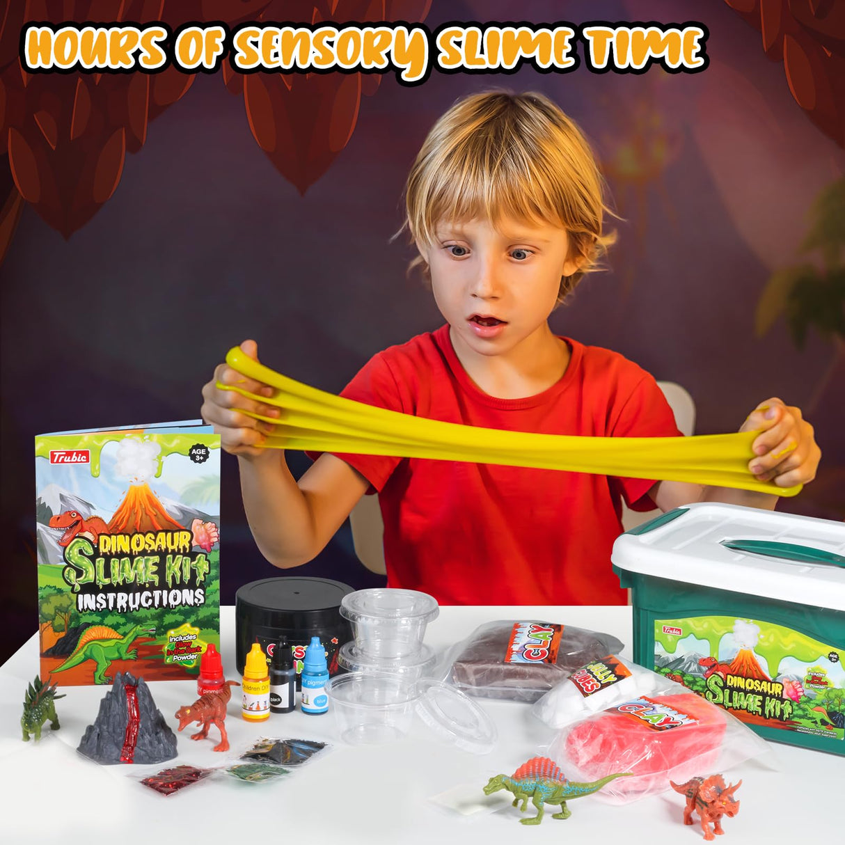 Trubic Dinosaur Slime Making Kit for Boys, Butter and Crystal Slime, Glow in The Dark and Add-ins with Storage Box, Dino Figurines with Lava, DIY Birthday Party Favors Gift Toys for Kids 6-12 Trubic