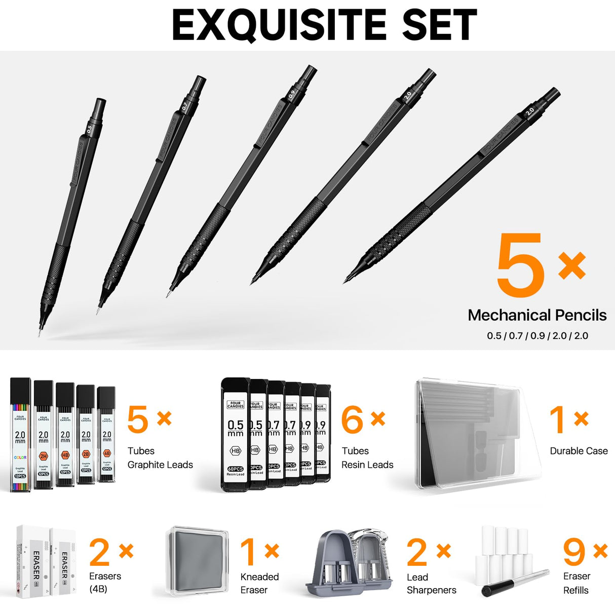 Four Candies Metal Mechanical Pencil Set, 3PCS Art Drafting Pencils 0.5, 0.7, 0.9MM & 2PCS 2MM Mechanical Drawing Pencils with 420PCS Leads (4B 2B HB 2H Color) for Writing Sketching Drawing (Black) Four Candies