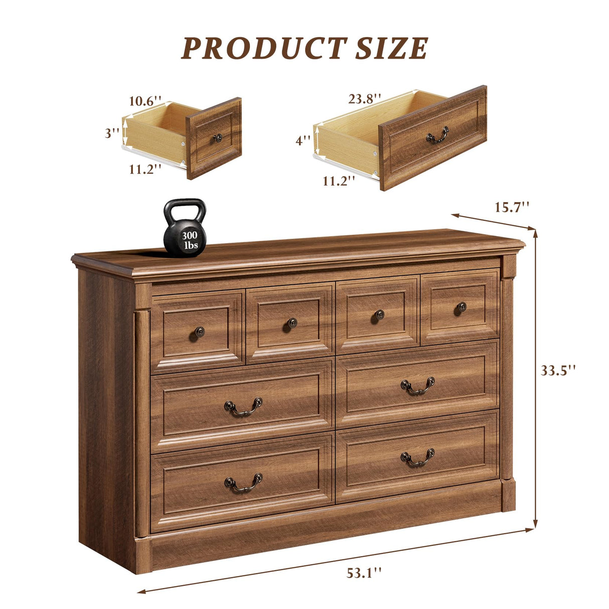 Concho Farmhouse 8 Drawers Dresser for Bedroom, 53'' Wide Wood Chest of Drawers with Spacious Deep Storage Space, Rustic Storage Dressers Organizer, TV Stand for Living Room, Bedroom, Rustic Brown Concho