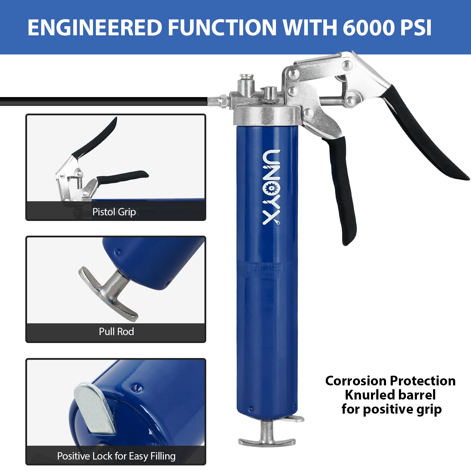 UNOYX 14oz Grease Gun, 6000PSI Heavy Duty Pistol Grip Grease Gun, Car Grease Gun Kit, Standard Coupler and Needle Nose Adapter, for Car Trucks Tractors Marine Bearings - WoodArtSupply