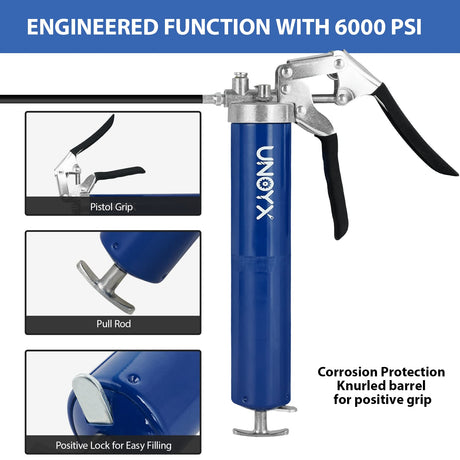 UNOYX 14oz Grease Gun, 6000PSI Heavy Duty Pistol Grip Grease Gun, Car Grease Gun Kit, Standard Coupler and Needle Nose Adapter, for Car Trucks Tractors Marine Bearings UNOYX