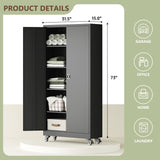 RAVIGIN Metal Garage Storage Cabinet with Wheels,73" H Locking Tool Cabinet with 2 Doors and 4 Adjustable Shelves Tall Cabinet for Garage, Heavy Duty File Cabinet for Office, School (Black) RAVIGIN
