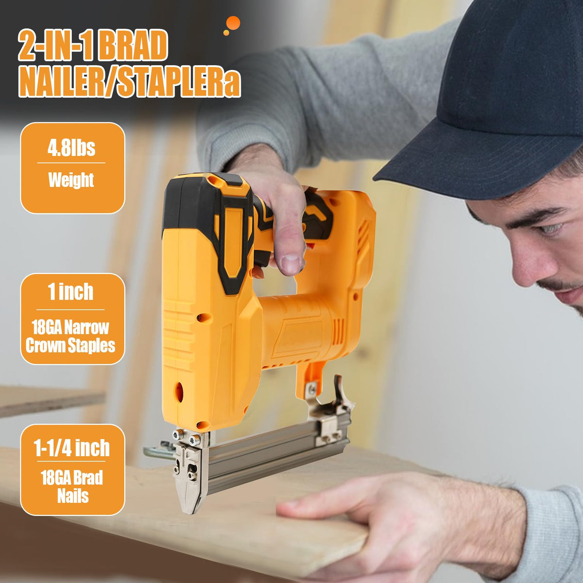 JOJOCY 18 Gauge Cordless Brad Nailer, 2-in-1 Battery Powered Stapler/Nail Gun, Drives 2" Nails for Upholstery & Woodworking (Tool Only) (for Dew-alt 20V) JOJOCY