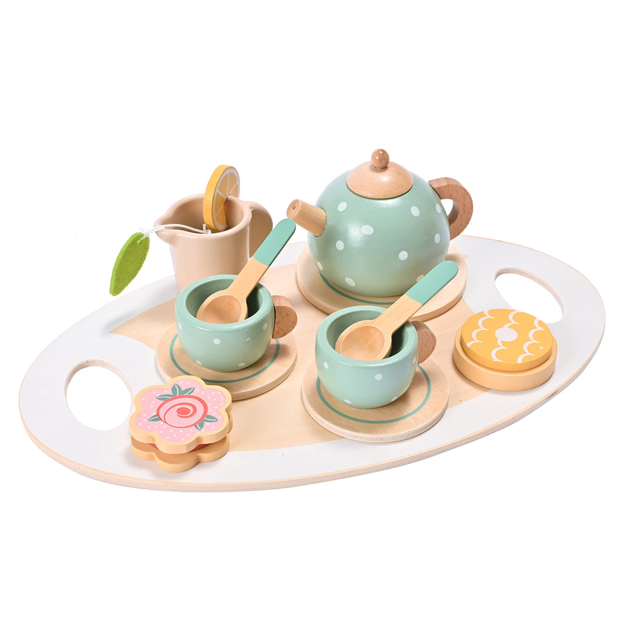 15pcs Wooden Tea Set for Little Girls, MONT PLEASANT Wooden Toys, Toddler Tea Set Play Kitchen Accessories Play Food playset for Kids Tea Party MONT PLEASANT
