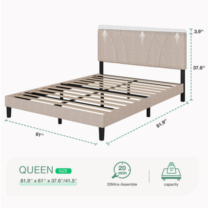 Novilla Adjustable Queen Bed Frame with Linen Upholstered Headboard and Wooden Slat Support - WoodArtSupply