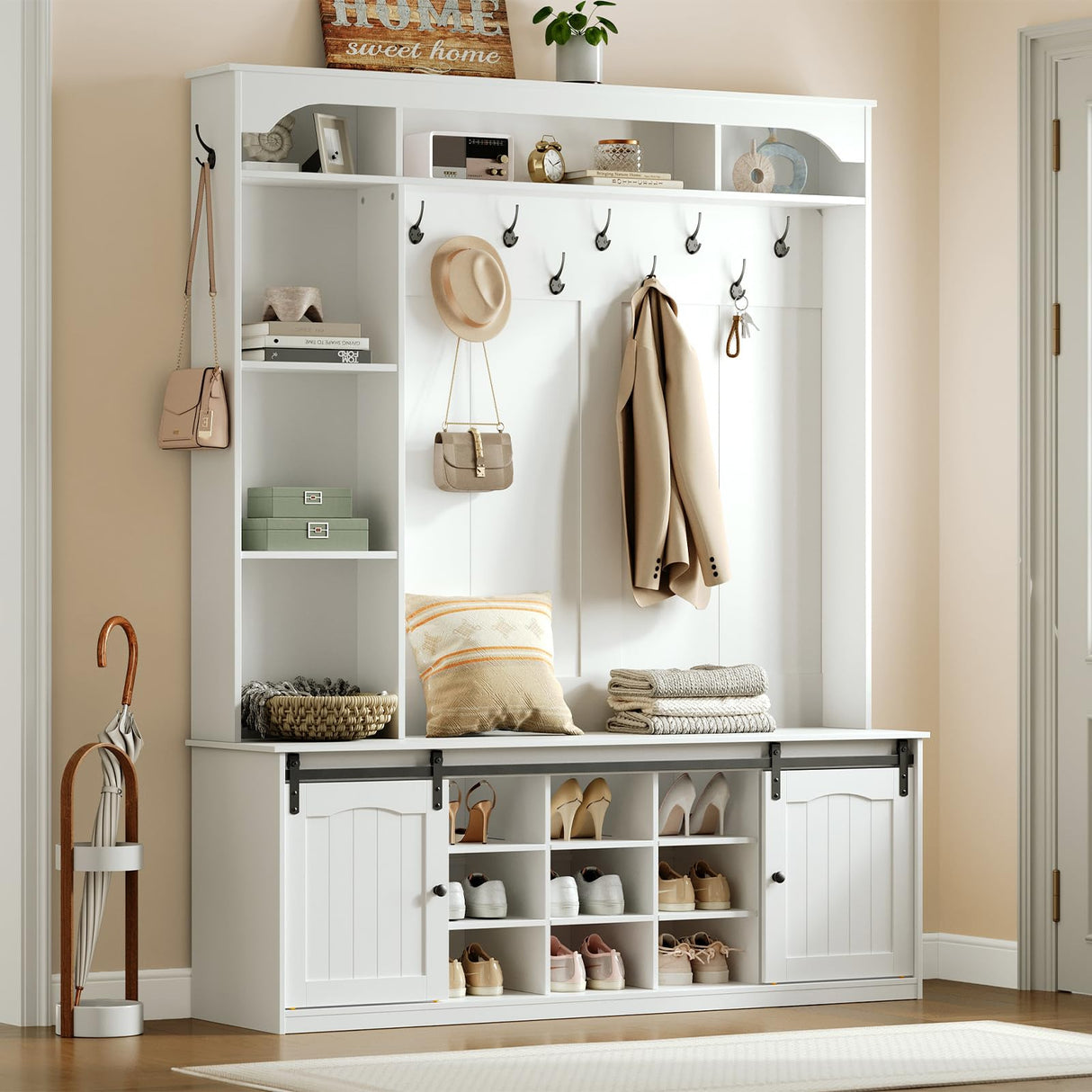 HOOBRO Hall Tree with Bench, 59" Entryway Bench with Coat Rack and Shoe Cabinet, LED Farmhouse Hall Tree with Shoe Storage, 13 Shoe Cubbies and Barn Doors, Wooden, Mud Room, White WT190DMT01 HOOBRO