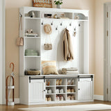 HOOBRO Hall Tree with Bench, 59" Entryway Bench with Coat Rack and Shoe Cabinet, LED Farmhouse Hall Tree with Shoe Storage, 13 Shoe Cubbies and Barn Doors, Wooden, Mud Room, White WT190DMT01 HOOBRO
