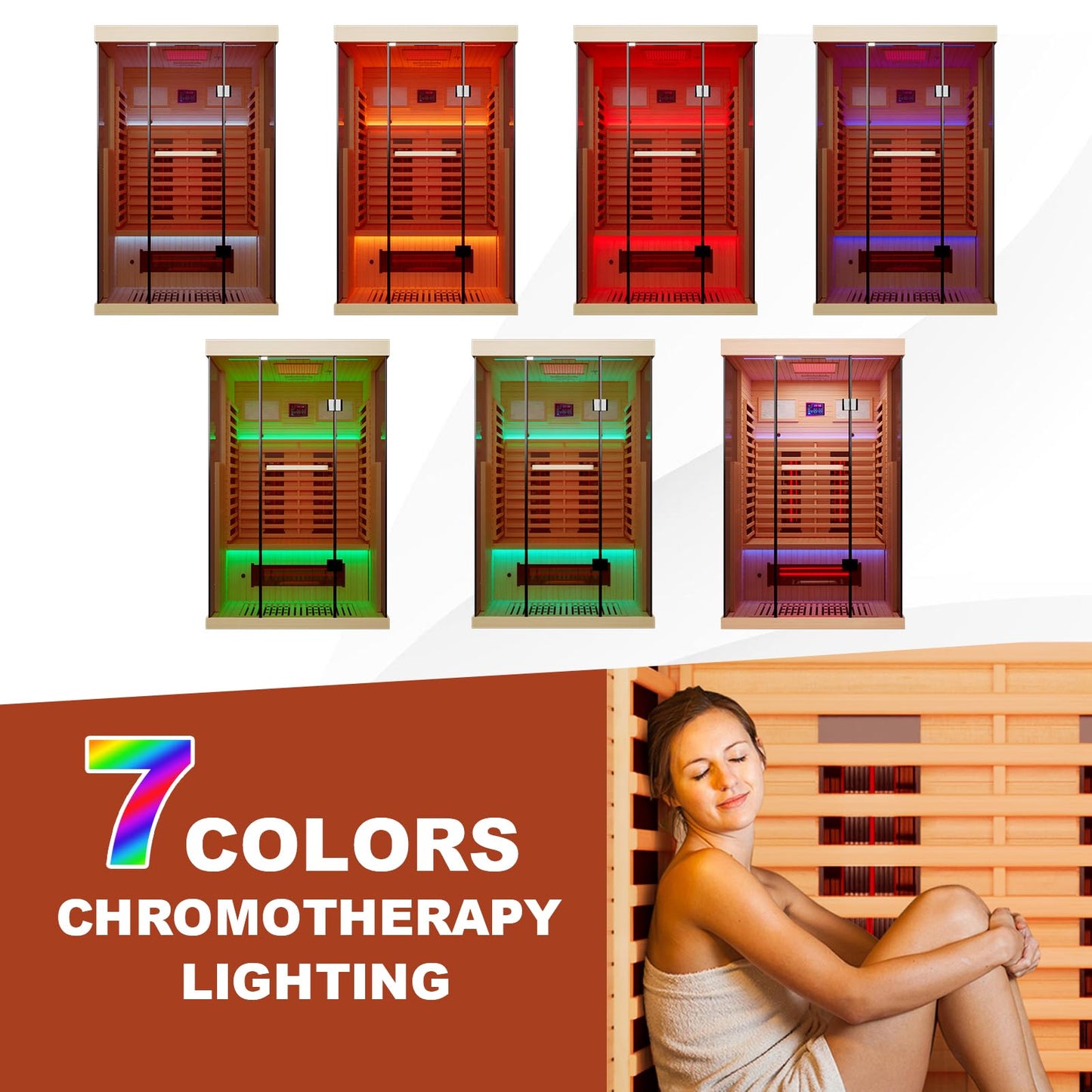 MEISSALIVVE Full Spectrum Infrared Sauna，1-2 Person Home Sauna，Wooden Canadian Hemlock Indoor Spa Sauna with Resonance Speaker, Panoramic Tempered Glass Door