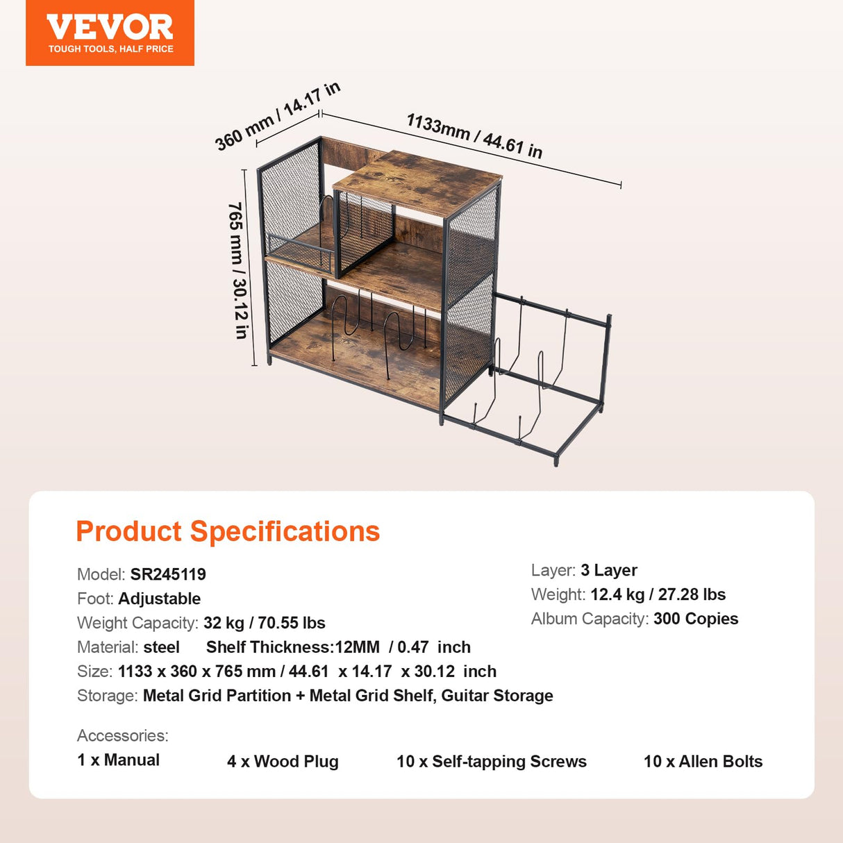 VEVOR 3-Tier Record Player Stand with Guitar Holder, Turntable Stand with Storage Holds Up to 300 Albums, Vinyl Record Cabinet with Metal Mesh Frame for Living Room, Bedroom, Black VEVOR