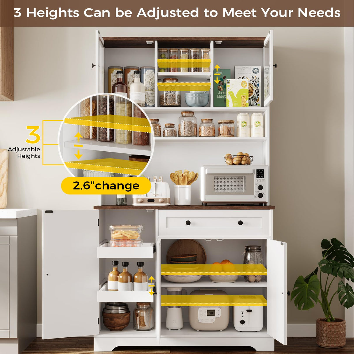 Hasuit 71.6" Tall Kitchen Pantry Storage Cabinet, Modern Kitchen Hutch Cabinet with Doors and Shelves, Freestanding Food Pantry with Large Storage Drawer for Dining Room, Living Room, White Hasuit