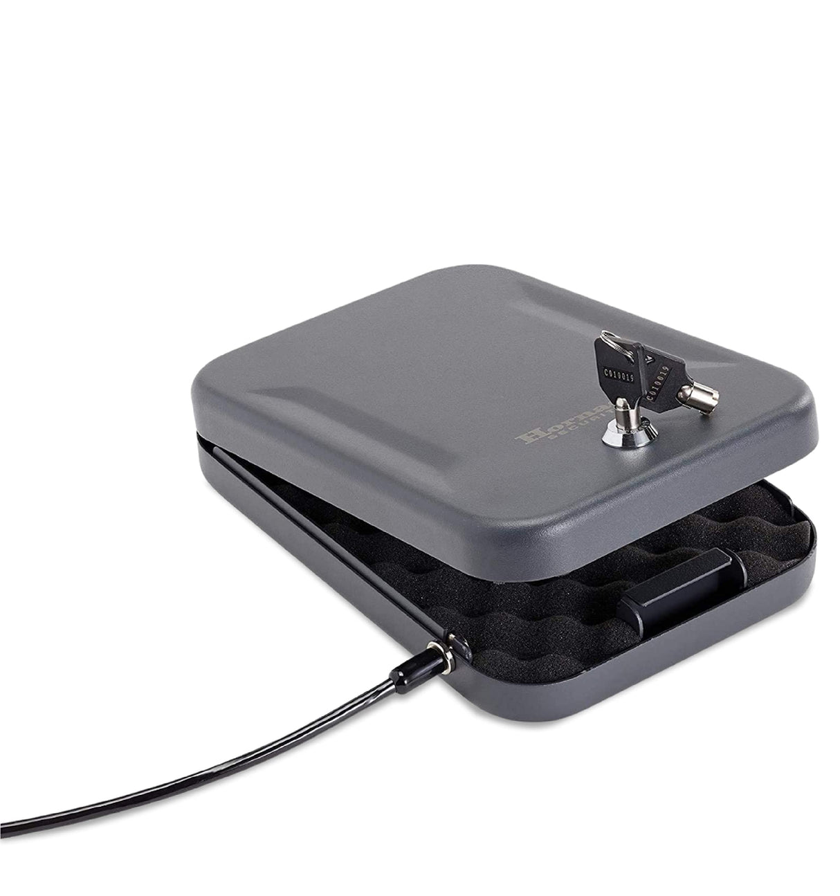 Hornady Portable Lock Box for Guns and Valuables - Includes 2 Keys and 4 Foot Steel Cable - Thick 16 Gauge Steel - An Ideal Portable Car Lock Box or Truck Safe - Large, Black, 9.5 x 6.5 x 1.75 Inches Hornady
