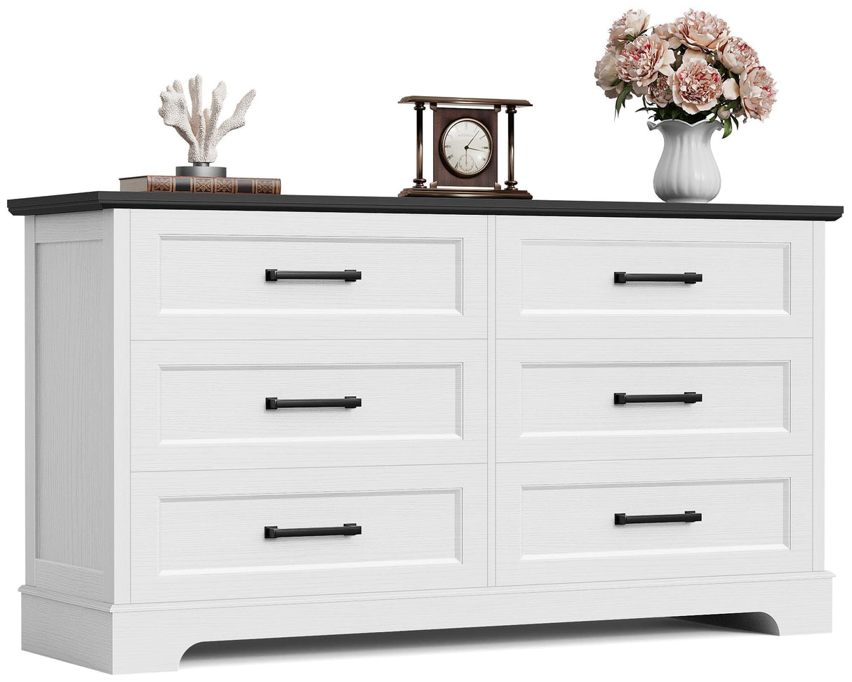 Furmax Farmhouse Dresser for Bedroom, 6 Drawers Dresser, Wood Chest of Drawers, 52" Wide Storage Dressers Organizer for Bedroom, Living Room, White and Black Furmax