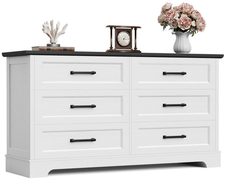 Furmax Farmhouse Dresser for Bedroom, 6 Drawers Dresser, Wood Chest of Drawers, 52" Wide Storage Dressers Organizer for Bedroom, Living Room, White and Black Furmax