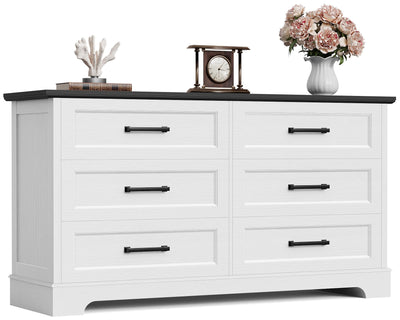 Furmax Farmhouse Dresser for Bedroom, 6 Drawers Dresser, Wood Chest of Drawers, 52" Wide Storage Dressers Organizer for Bedroom, Living Room, White and Black