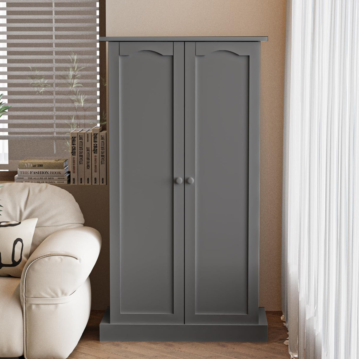 FJTJBSI 50" LED Kitchen Pantry Cabinet with 3 Adjustable Shelves and 2 Doors Wood Pantry Storage Cabinet with Handle for Kitchen Living Room and Dinning Room Grey FJTJBSI