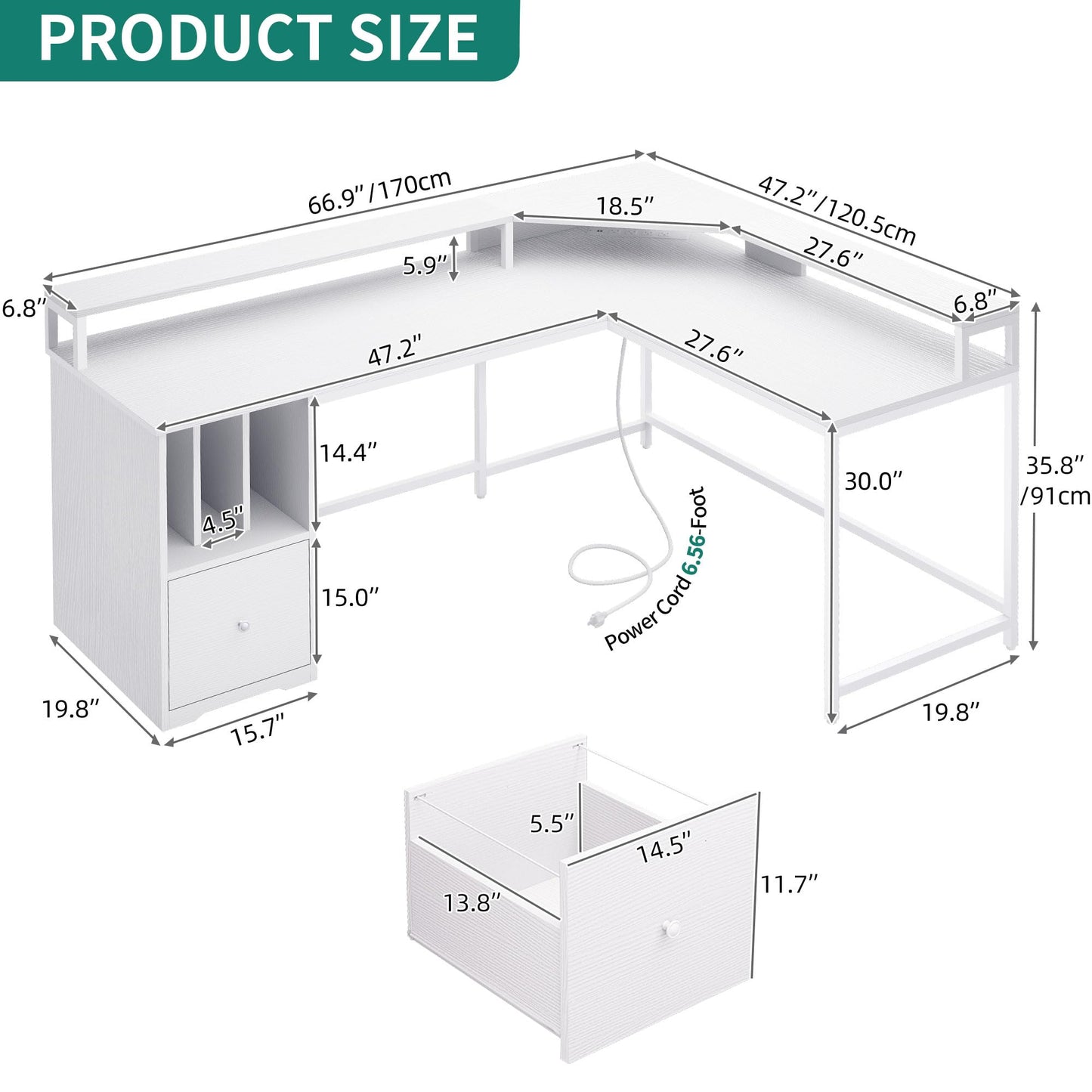 YITAHOME L Shaped Desk with Power Outlets & LED Lights, 67" Computer Desk with File Drawer, Corner Desk Home Office Desk with Monitor Stand & 3 Cubbies Storage Shelves, White - WoodArtSupply