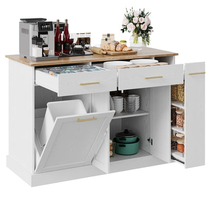 4 EVER WINNER Kitchen Island with Trash Can Storage, 52" Large Kitchen Island Cart with Pull Out Spice Rack, Rolling Portable Islands for Kitchen, White