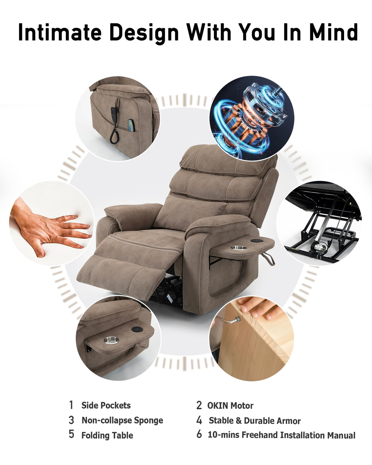 Power Lift Lazy Boy Recliner Chair, 2 Motor Flat Recliner, Nursing Lift Chair with Massage and Lumbar Heating, Adult Power Recliner with Side Pockets, Folding Table, Remote Control HBUI