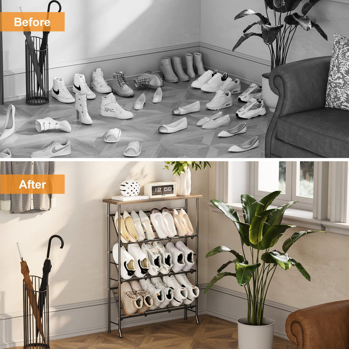 JZM Shoe Rack Storage, Narrow 4 Tier Metal Shoe Storage Shelf, Free Standing Shoe Racks, Space Saving Shoe Rack Organizer for Entryway, Hallway, Bedroom, Living Room(12-16 Pair) JZM