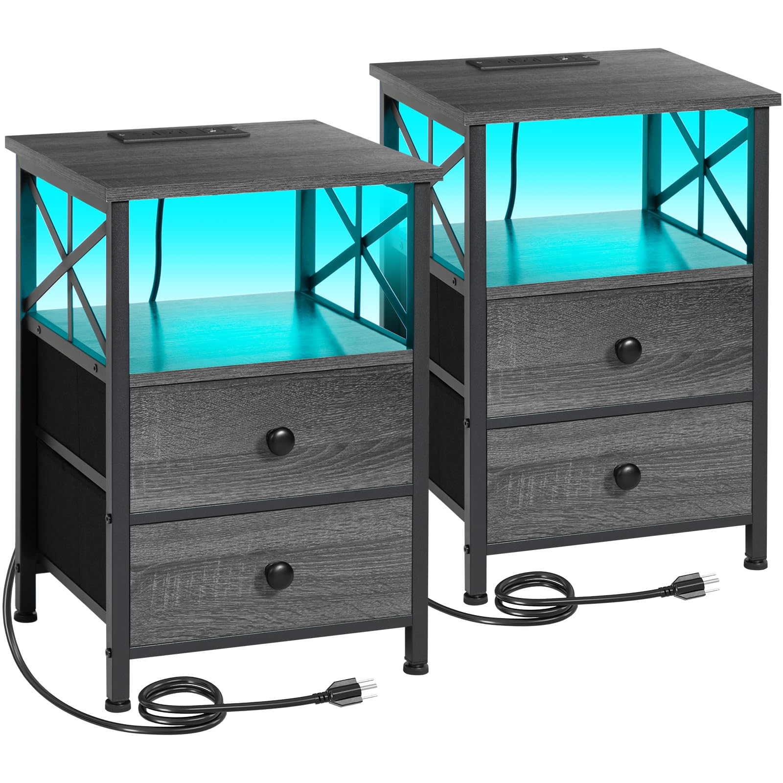 AMHANCIBLE Night Stand Set 2, LED Nightstands for Bedroom Set of 2 with Charging Station, End Table with USB Port and Outlet, Side Table with 2 Storage Drawers for Living Room, Dark Grey HET0 - WoodArtSupply