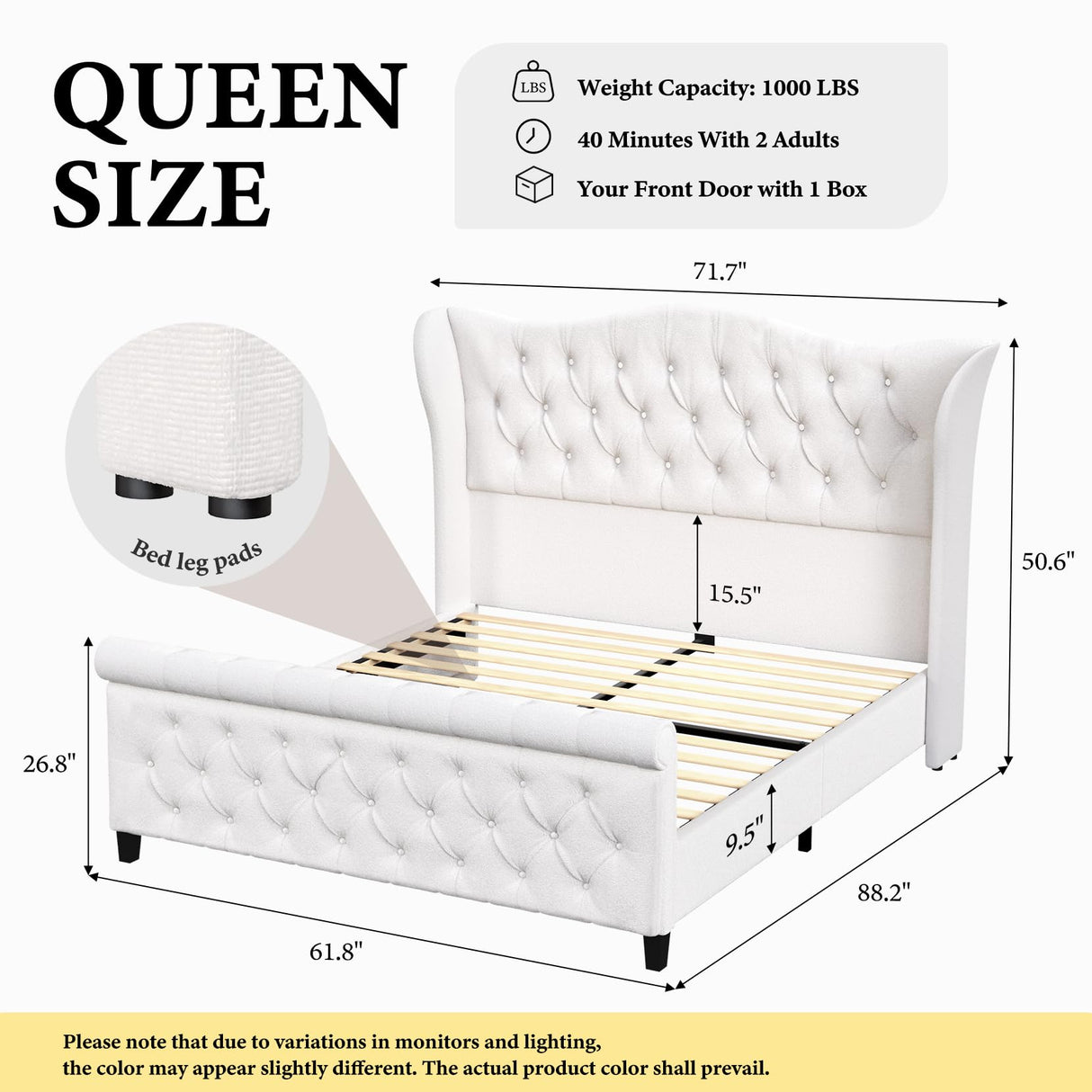 Queen Size Bed Frame-Upholstered Platform Chenille Sleigh Bed-51 inch Scroll Wingback Tall Headboard Footboard-Deep Button Tufted-Easily Assemble-Wood Slats Support-No Box Spring Required-Cream koorlian