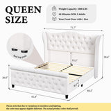 Queen Size Bed Frame-Upholstered Platform Chenille Sleigh Bed-51 inch Scroll Wingback Tall Headboard Footboard-Deep Button Tufted-Easily Assemble-Wood Slats Support-No Box Spring Required-Cream koorlian