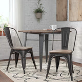 JUMMICO Metal Dining Chair Stackable Industrial Vintage Kitchen Chairs Indoor-Outdoor Bistro Cafe Side Chairs with Back and Wooden Seat Set of 4 (Black) JUMMICO