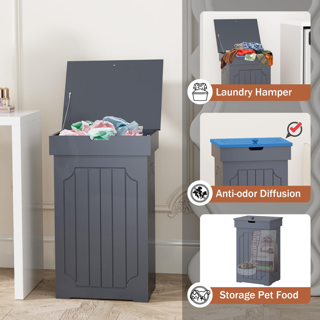 Function Home Trash Can Cabinet, 13 Gallon Kitchen Garbage Can, Wooden Recycling Trash Bin, Freestanding Dog Proof Trash Can, Farmhouse Trash Cabinet with Lid for Home Kitchen Bedroom, Grey Function Home
