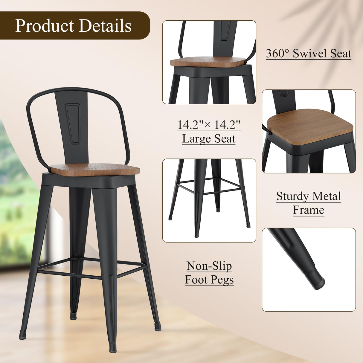 Aklaus Swivel Metal Bar Stools 24 inch Swivel Counter Height Barstools Set of 2 Modern Farmhouse Bar Chairs with High Backs and Large Wooden Seat for Kitchen Island Dining Room Matte Black Aklaus
