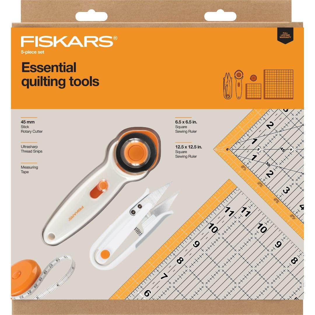 Fiskars Crafts Essentials 5-Piece Set - 45mm Blade Rotary Cutter for Fabric, Self Healing Cutting Mat, and Sewing Ruler - Craft Supplies - White/Gray Fiskars